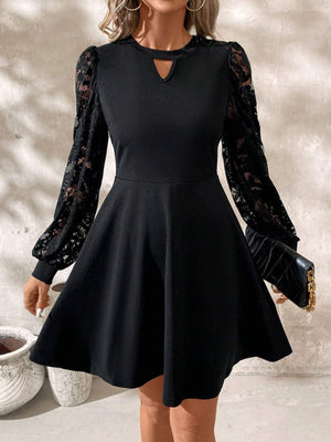 2024 new elegant women's black crew neck lace splicing long - sleeved slim - fitting horn hem jumpsuit - Negative Apparel