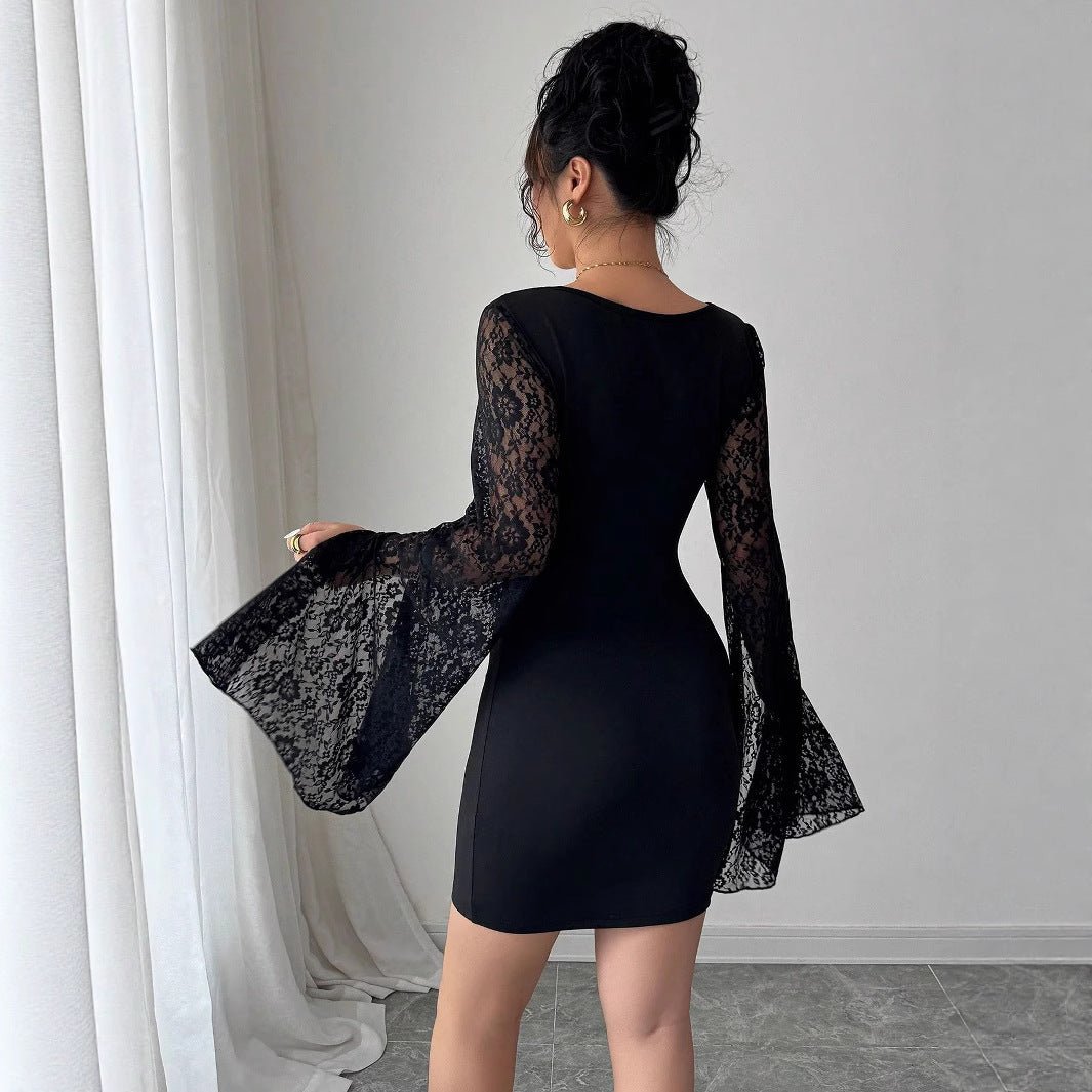 2025 autumn new horn sleeve split end solid color lace splicing square neck hip wrap dress - Negative Apparel