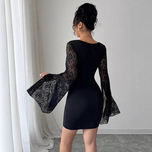 2025 autumn new horn sleeve split end solid color lace splicing square neck hip wrap dress - Negative Apparel