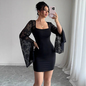 2025 autumn new horn sleeve split end solid color lace splicing square neck hip wrap dress - Negative Apparel