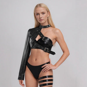 2025 black punk shoulder PU leather lingerie jacket rock dance versatile irregular lingerie jacket - Negative Apparel