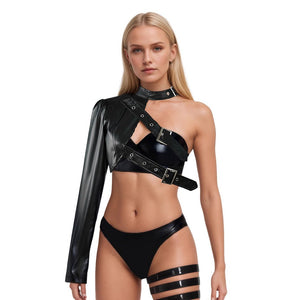 2025 black punk shoulder PU leather lingerie jacket rock dance versatile irregular lingerie jacket - Negative Apparel