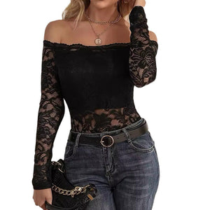 2025 elegant fan - shaped collar edge one - shoulder lace slim fit T-shirt long - sleeved top - Negative Apparel