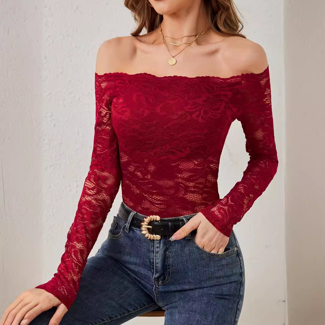 2025 elegant fan - shaped collar edge one - shoulder lace slim fit T-shirt long - sleeved top - Negative Apparel