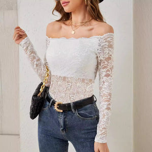 2025 elegant fan - shaped collar edge one - shoulder lace slim fit T-shirt long - sleeved top - Negative Apparel