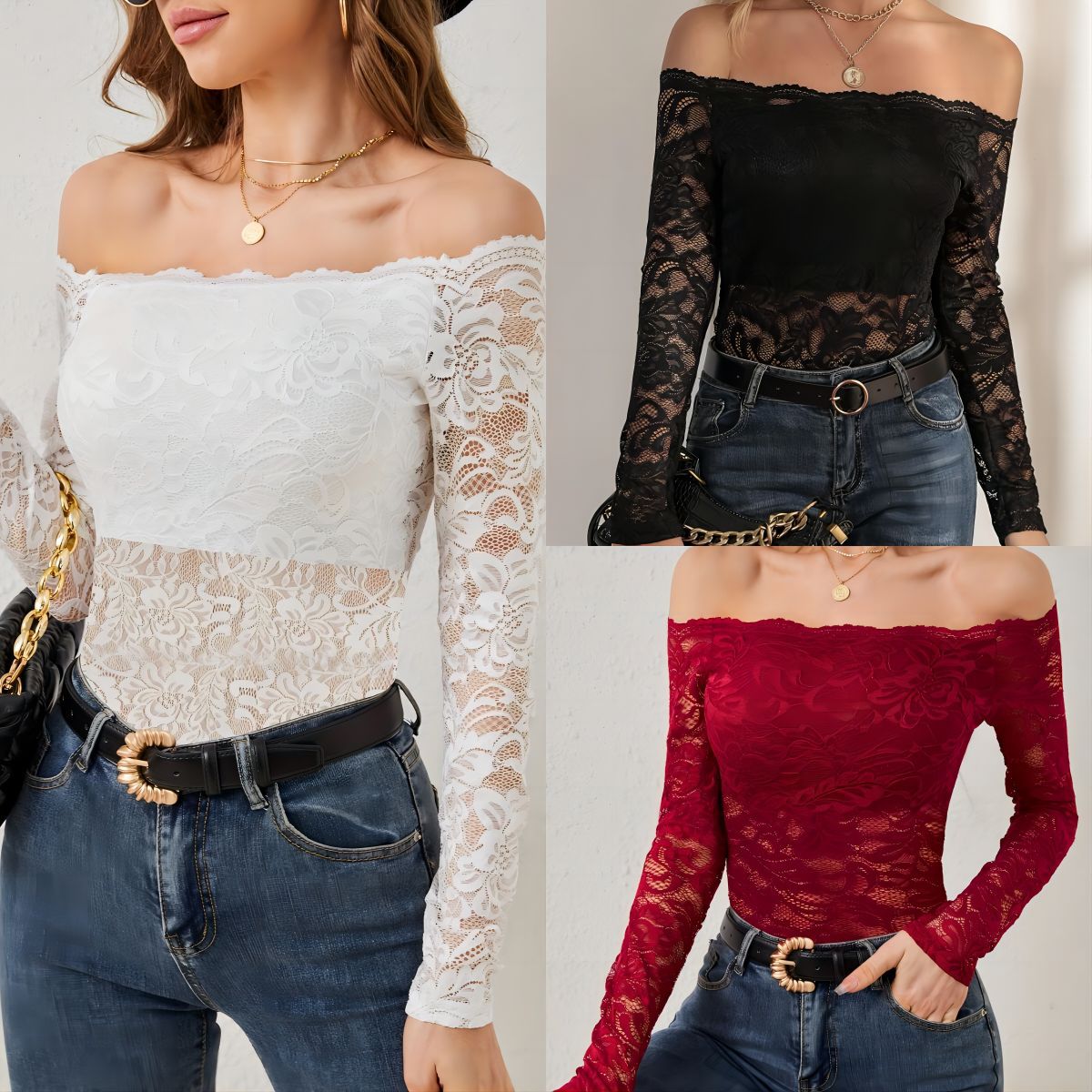 2025 elegant fan - shaped collar edge one - shoulder lace slim fit T-shirt long - sleeved top - Negative Apparel