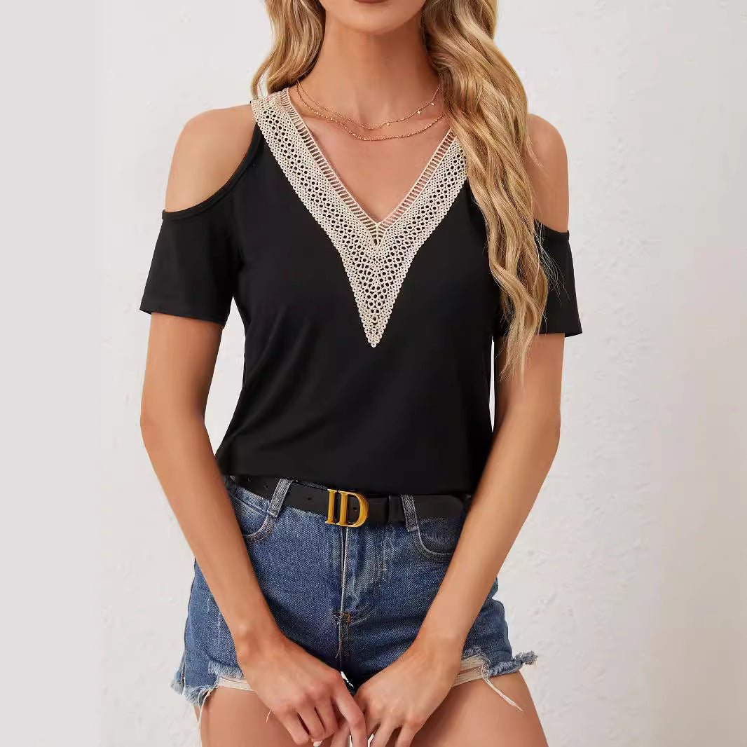 2025 elegant lace V - neck applique sleeves hollow short sleeves loose solid color T-shirt slim top - Negative Apparel