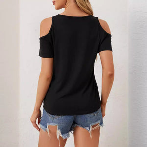 2025 elegant lace V - neck applique sleeves hollow short sleeves loose solid color T-shirt slim top - Negative Apparel