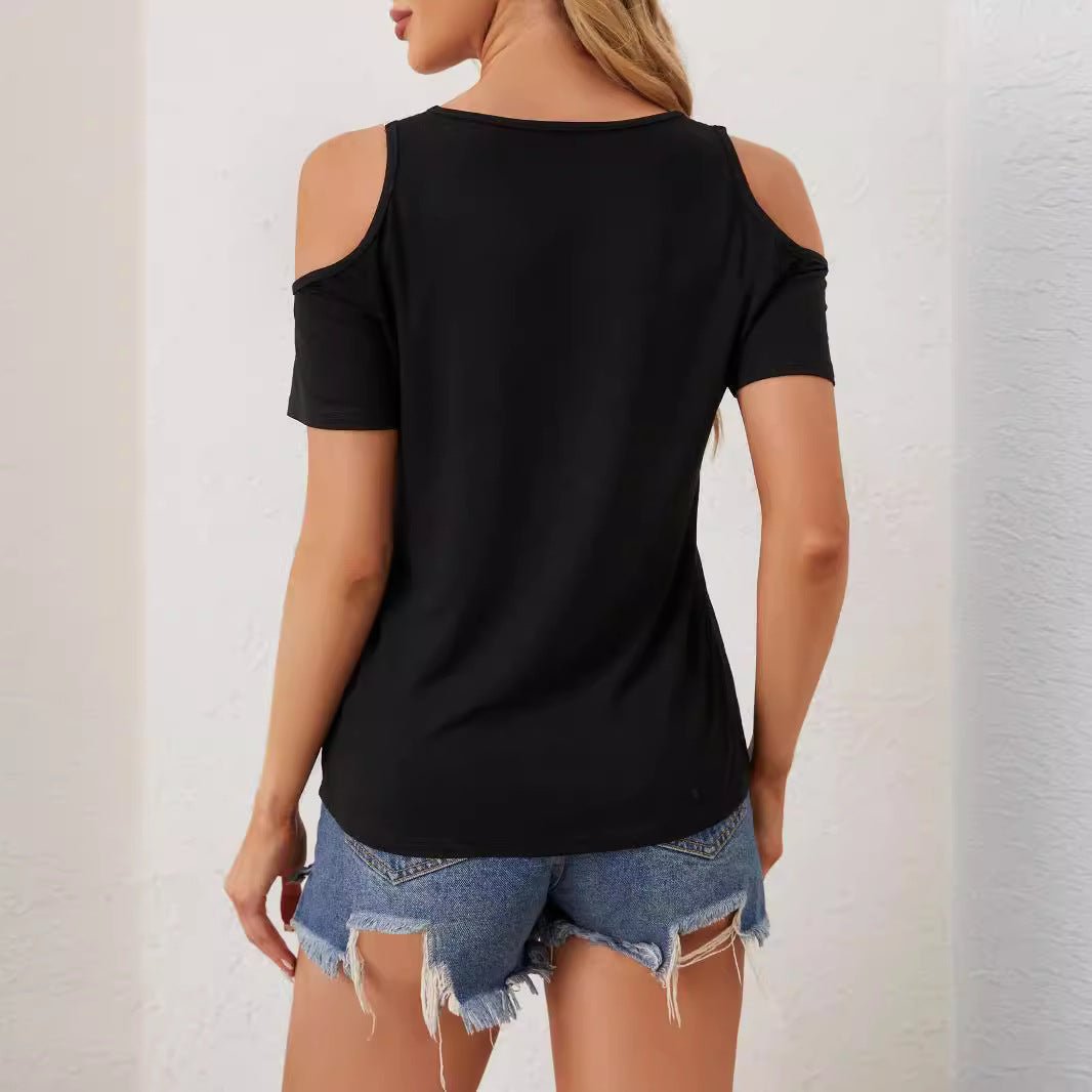 2025 elegant lace V - neck applique sleeves hollow short sleeves loose solid color T-shirt slim top - Negative Apparel