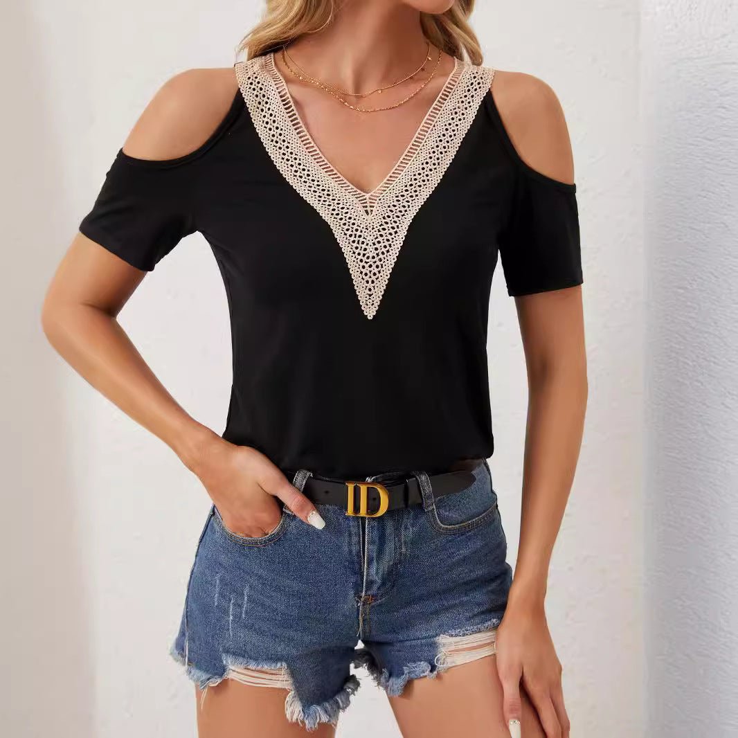 2025 elegant lace V - neck applique sleeves hollow short sleeves loose solid color T-shirt slim top - Negative Apparel