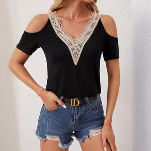 2025 elegant lace V - neck applique sleeves hollow short sleeves loose solid color T-shirt slim top - Negative Apparel
