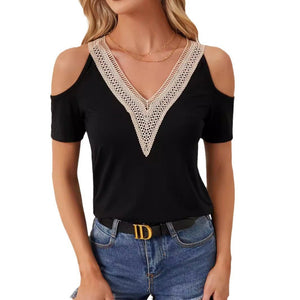 2025 elegant lace V - neck applique sleeves hollow short sleeves loose solid color T-shirt slim top - Negative Apparel