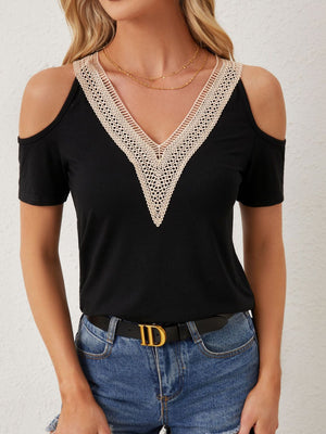 2025 elegant lace V - neck applique sleeves hollow short sleeves loose solid color T-shirt slim top - Negative Apparel