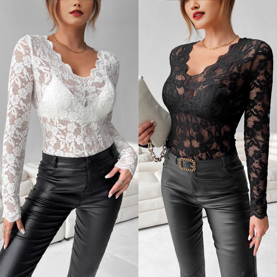 2025 elegant V - neck scalloped collar edge single - layer solid color lace long - sleeved T-shirt slim - fitting and thin top women - Negative Apparel