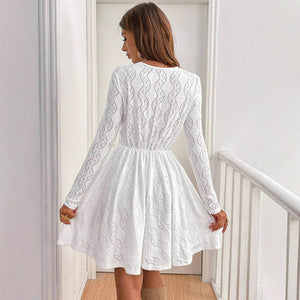2025 elegant women's solid color lace patchwork mini holiday dress scallop edge sundress - Negative Apparel