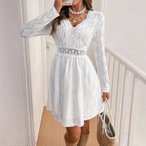 2025 elegant women's solid color lace patchwork mini holiday dress scallop edge sundress - Negative Apparel