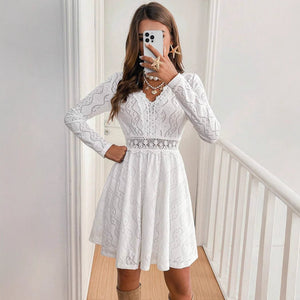 2025 elegant women's solid color lace patchwork mini holiday dress scallop edge sundress - Negative Apparel