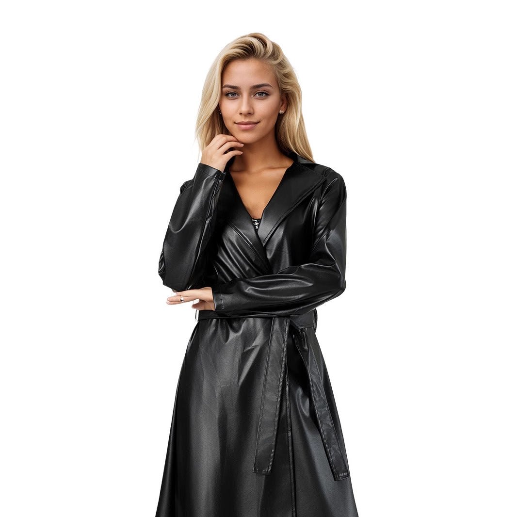 2025 extended trench coat spring and autumn anti - wrinkle fashion women's leather jacket - Negative Apparel
