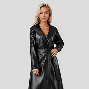2025 extended trench coat spring and autumn anti - wrinkle fashion women's leather jacket - Negative Apparel