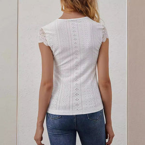 2025 fan - shaped V - neck front chest button lace splicing slim and thin T-shirt short - sleeved top women's clothing - Negative Apparel