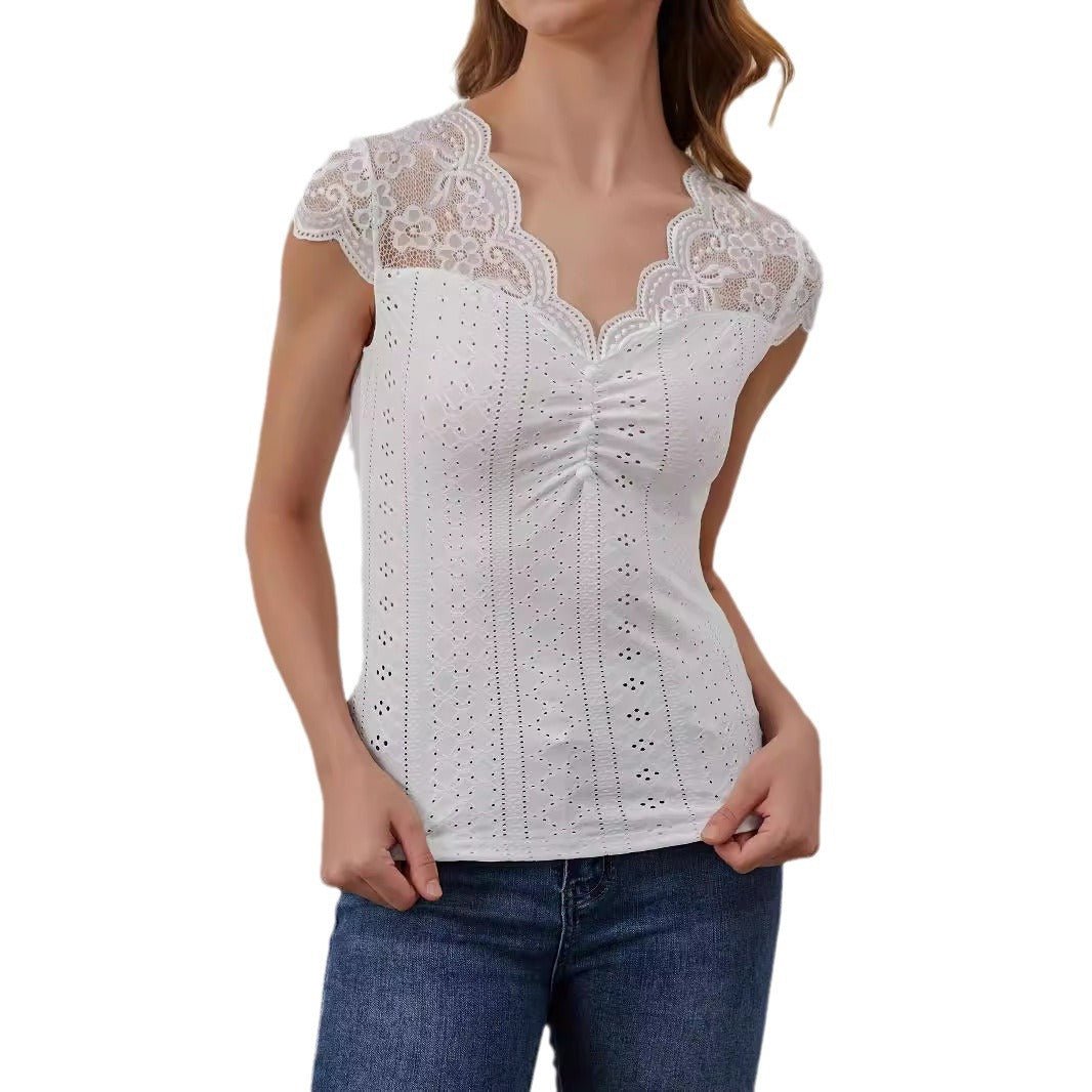 2025 fan - shaped V - neck front chest button lace splicing slim and thin T-shirt short - sleeved top women's clothing - Negative Apparel