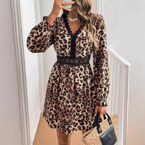 2025 French women's retro style V - neck leopard print long - sleeved lace patchwork long - sleeved dress - Negative Apparel