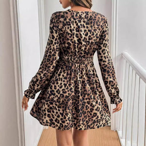 2025 French women's retro style V - neck leopard print long - sleeved lace patchwork long - sleeved dress - Negative Apparel