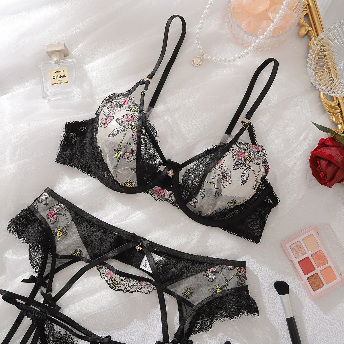 2025 heavy craftsmanship lotus embroidery steel ring gathering body sculpting adjustment sexy underwear split set - Negative Apparel