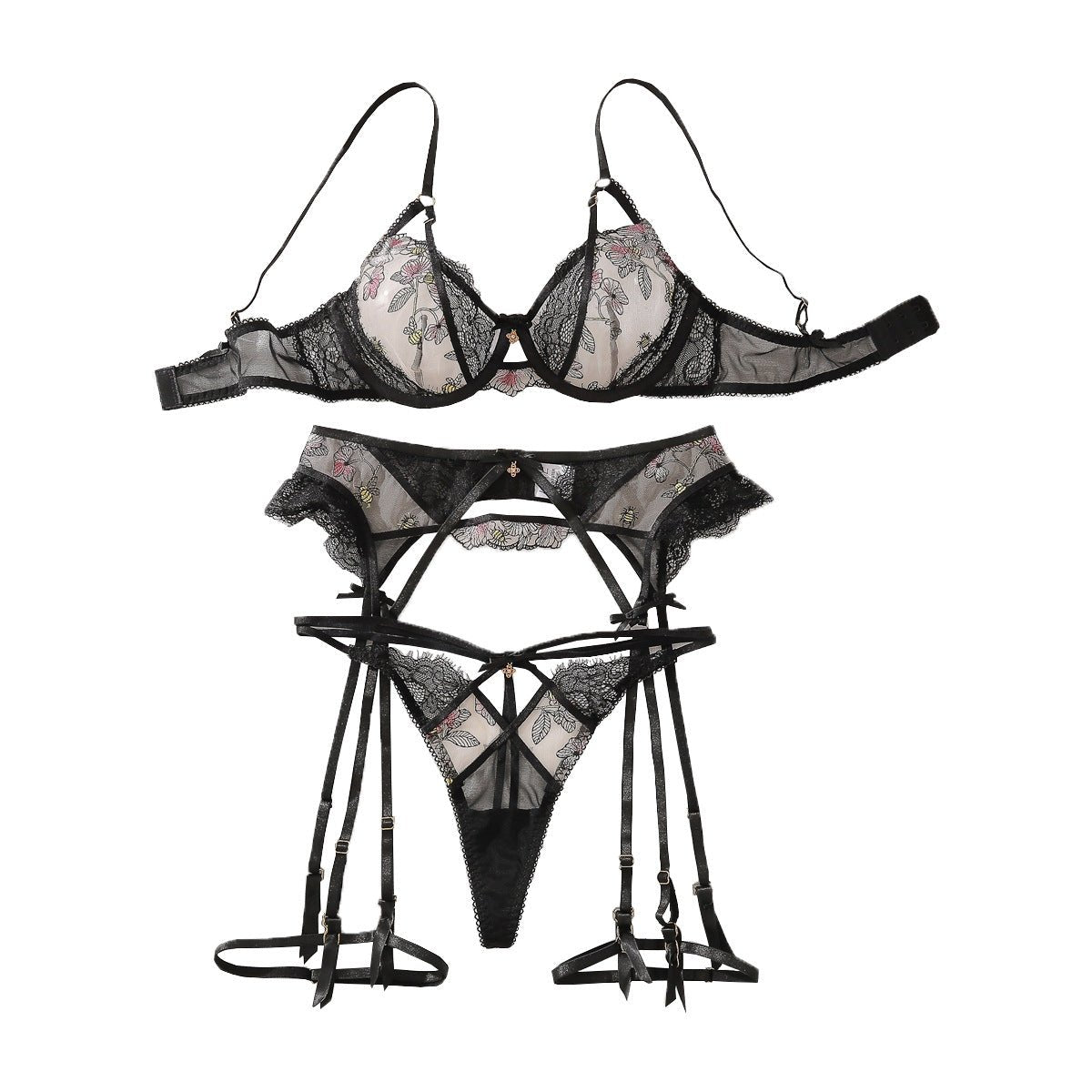 2025 heavy craftsmanship lotus embroidery steel ring gathering body sculpting adjustment sexy underwear split set - Negative Apparel