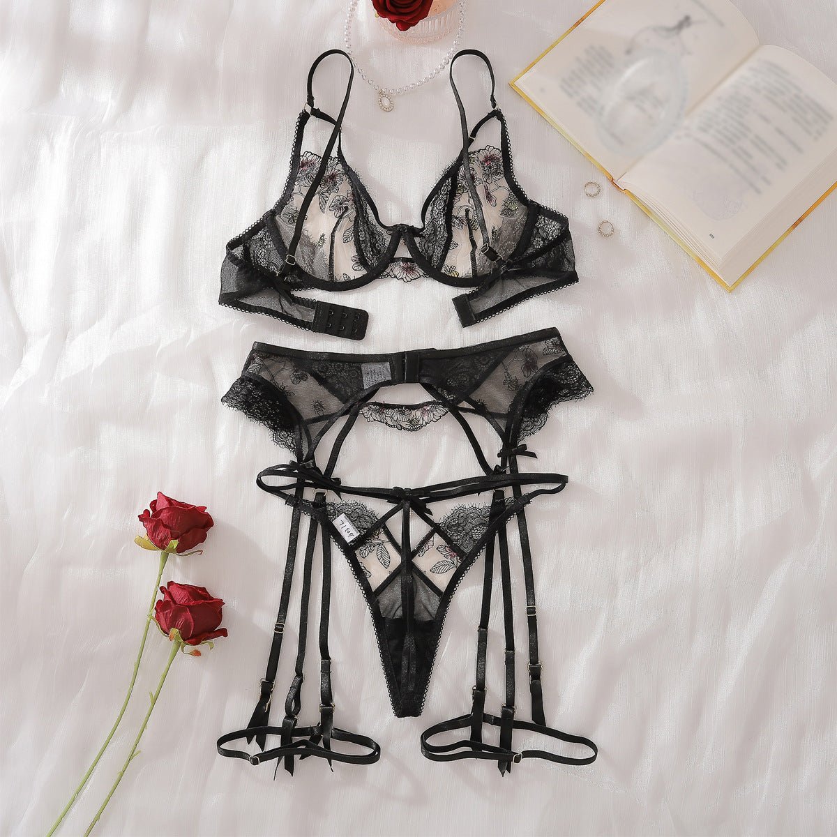 2025 heavy craftsmanship lotus embroidery steel ring gathering body sculpting adjustment sexy underwear split set - Negative Apparel