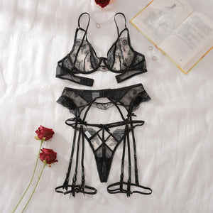 2025 heavy craftsmanship lotus embroidery steel ring gathering body sculpting adjustment sexy underwear split set - Negative Apparel