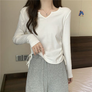 2025 inner wear women's large size design drawstring v - neck straight shoulder T-shirt early spring and autumn short style covering belly slim long sleeve trend - Negative Apparel