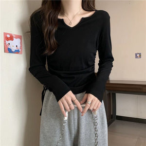 2025 inner wear women's large size design drawstring v - neck straight shoulder T-shirt early spring and autumn short style covering belly slim long sleeve trend - Negative Apparel