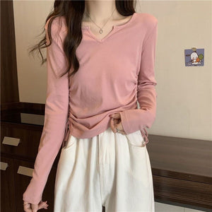 2025 inner wear women's large size design drawstring v - neck straight shoulder T-shirt early spring and autumn short style covering belly slim long sleeve trend - Negative Apparel