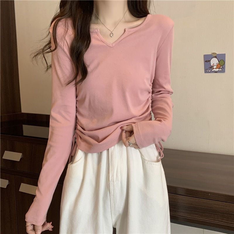 2025 inner wear women's large size design drawstring v - neck straight shoulder T-shirt early spring and autumn short style covering belly slim long sleeve trend - Negative Apparel