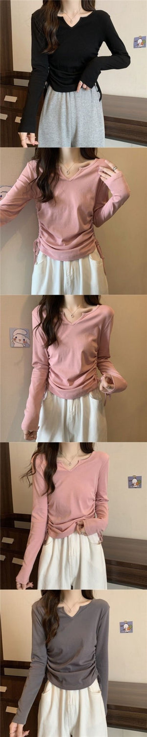 2025 inner wear women's large size design drawstring v - neck straight shoulder T-shirt early spring and autumn short style covering belly slim long sleeve trend - Negative Apparel