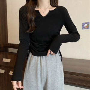 2025 inner wear women's large size design drawstring v - neck straight shoulder T-shirt early spring and autumn short style covering belly slim long sleeve trend - Negative Apparel