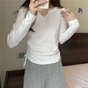 2025 inner wear women's large size design drawstring v - neck straight shoulder T-shirt early spring and autumn short style covering belly slim long sleeve trend - Negative Apparel