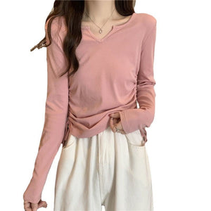 2025 inner wear women's large size design drawstring v - neck straight shoulder T-shirt early spring and autumn short style covering belly slim long sleeve trend - Negative Apparel
