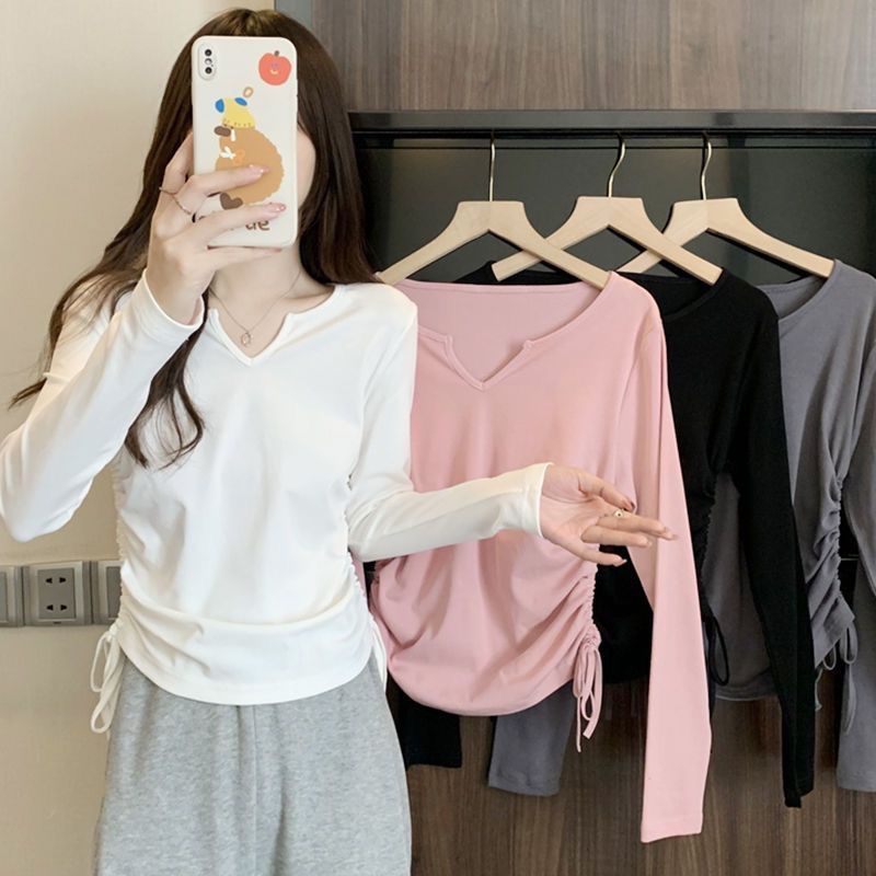 2025 inner wear women's large size design drawstring v - neck straight shoulder T-shirt early spring and autumn short style covering belly slim long sleeve trend - Negative Apparel