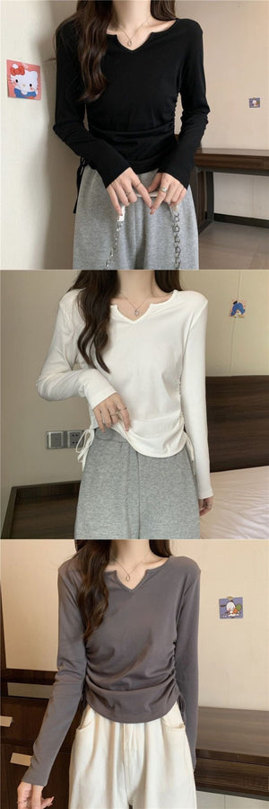 2025 inner wear women's large size design drawstring v - neck straight shoulder T-shirt early spring and autumn short style covering belly slim long sleeve trend - Negative Apparel