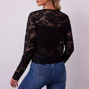 2025 new autumn and winter elegant ladies long - sleeved perspective lace jacket cardigan top - Negative Apparel