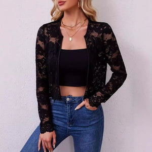 2025 new autumn and winter elegant ladies long - sleeved perspective lace jacket cardigan top - Negative Apparel
