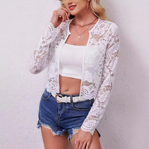 2025 new autumn and winter elegant ladies long - sleeved perspective lace jacket cardigan top - Negative Apparel