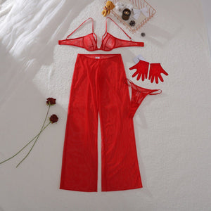 2025 new casual mesh trousers body sculpting thin sexy underwear split set with gloves - Negative Apparel