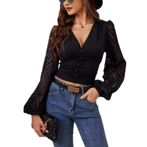 2025 new chiffon lantern sleeves splicing pleated waist V - neck long - sleeved T-shirt slim top women - Negative Apparel