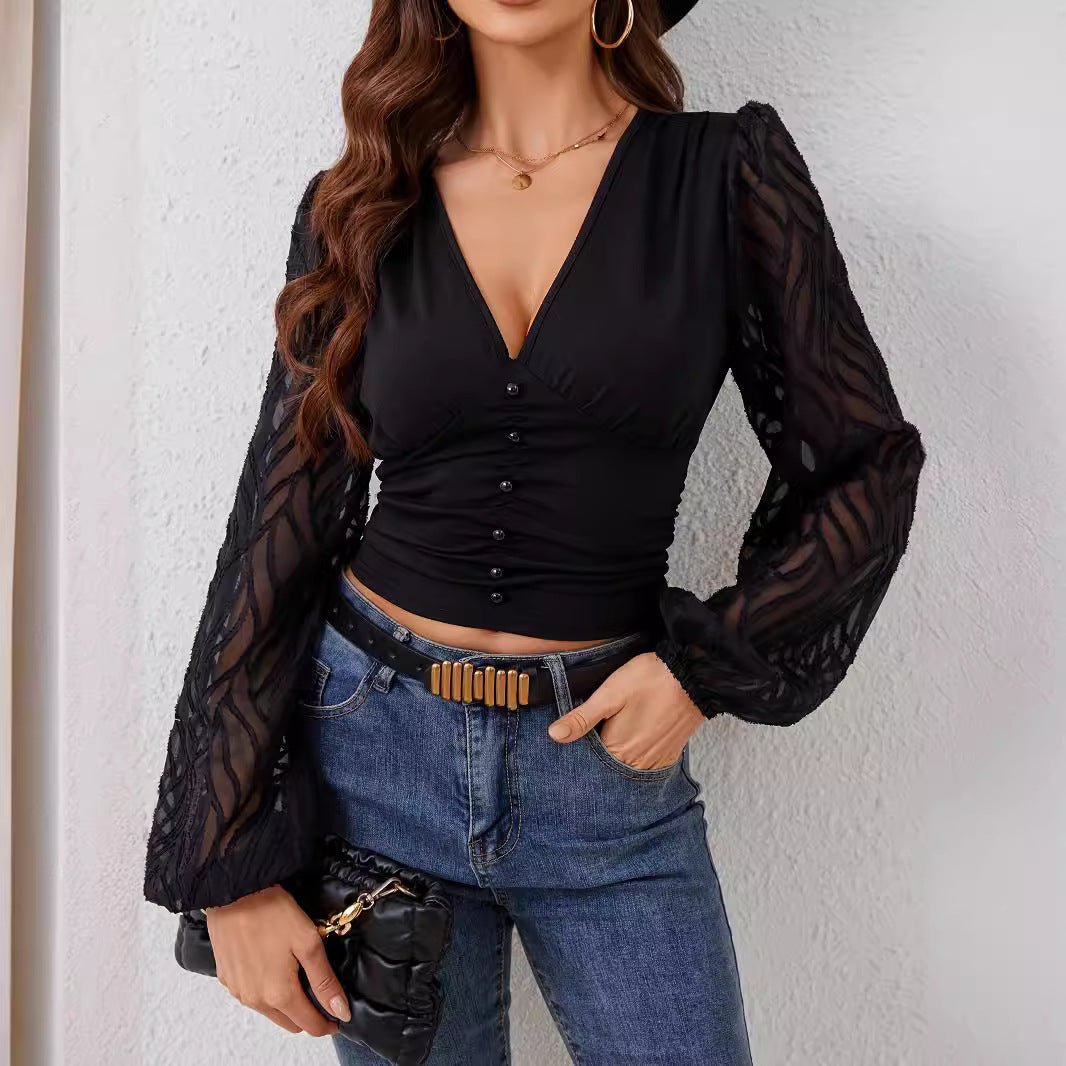 2025 new chiffon lantern sleeves splicing pleated waist V - neck long - sleeved T-shirt slim top women - Negative Apparel