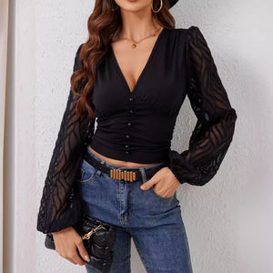 2025 new chiffon lantern sleeves splicing pleated waist V - neck long - sleeved T-shirt slim top women - Negative Apparel