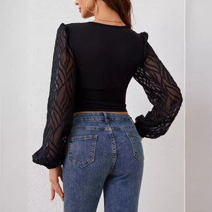 2025 new chiffon lantern sleeves splicing pleated waist V - neck long - sleeved T-shirt slim top women - Negative Apparel