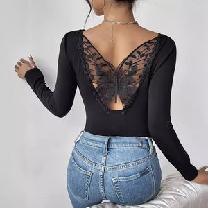 2025 new elegant back hollow sticker Hu Die lace long - sleeved solid color T-shirt slim top - Negative Apparel
